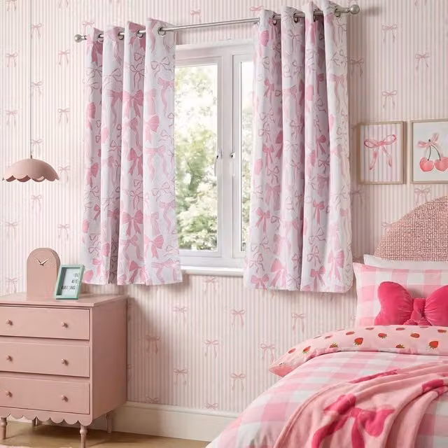 OHS Kids Bow Print Blackout Eyelet Curtain Panel in Pink, Width: 168 cm, Drop: 183 cm