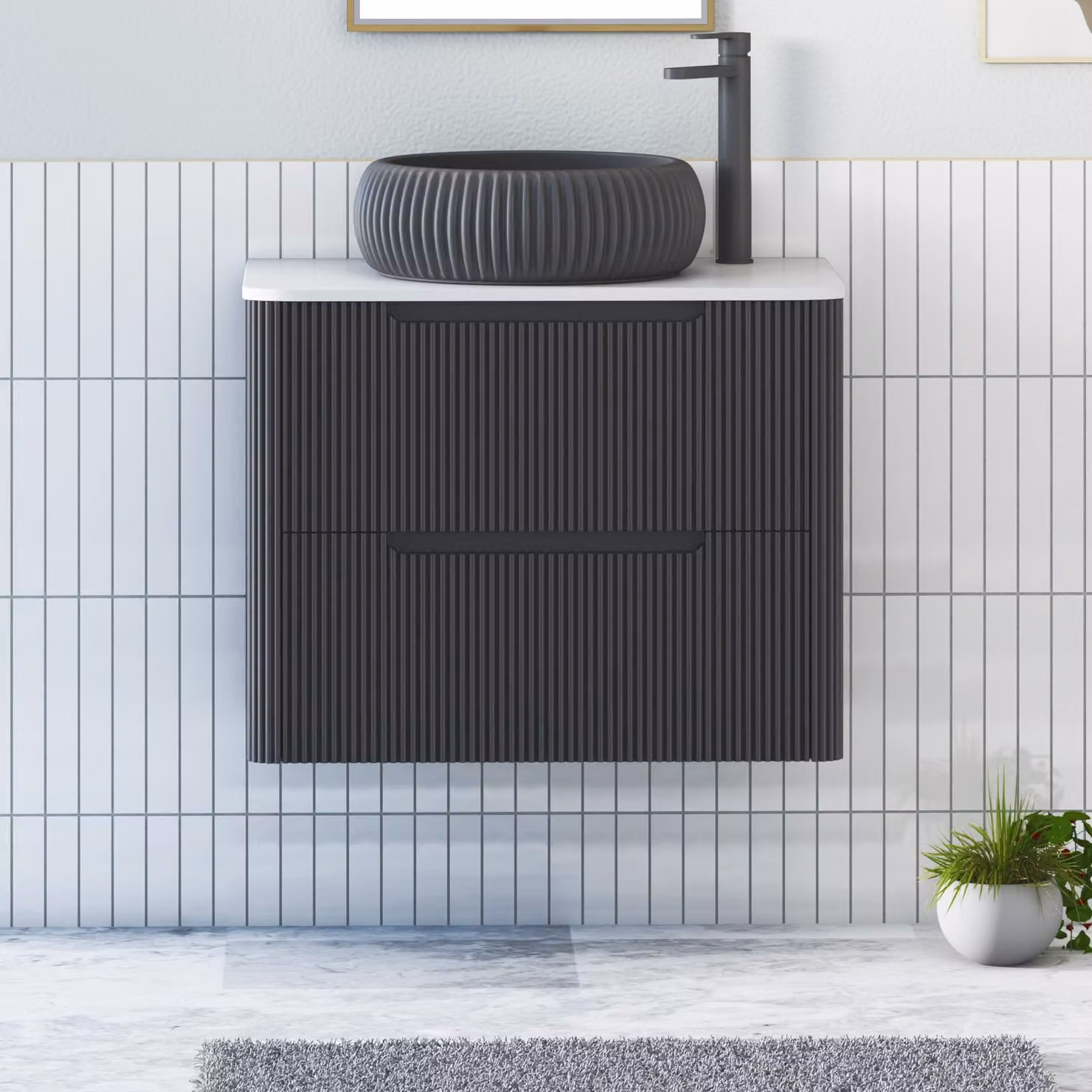 Royal Bathrooms Avenza Wall Hung Vanity Unit with 2 Drawers, Matt Obsidian Black, 600mm Width, and Plain White Worktop with Milan Black Basin