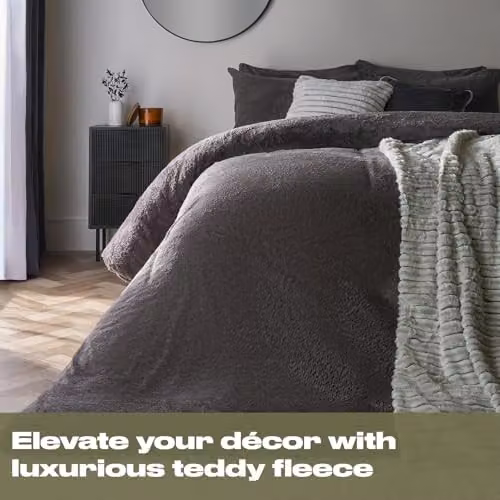 Brentfords Super King Teddy Fleece Duvet Cover Set with Pillowcases, Grey, W/D/H: 200 x 200 cm – 2