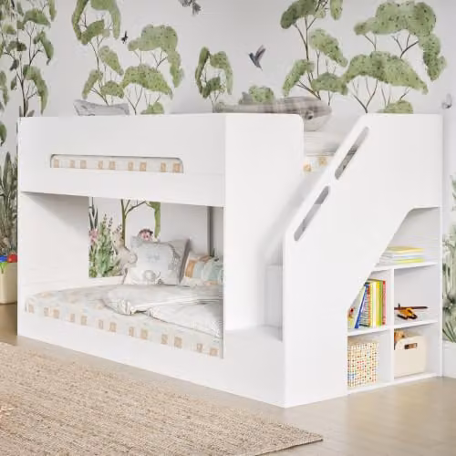 Flair Deimo White Engineered Wood Staircase Bunk Bed with Storage and Side Compartments