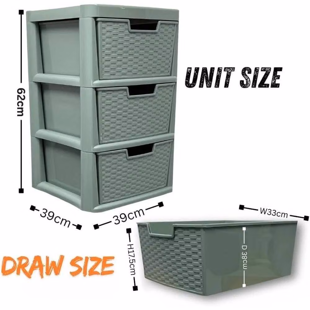 FLAVORA 3 Tier Large Plastic Drawer Storage in Sage Green, Width: 50 cm – 2