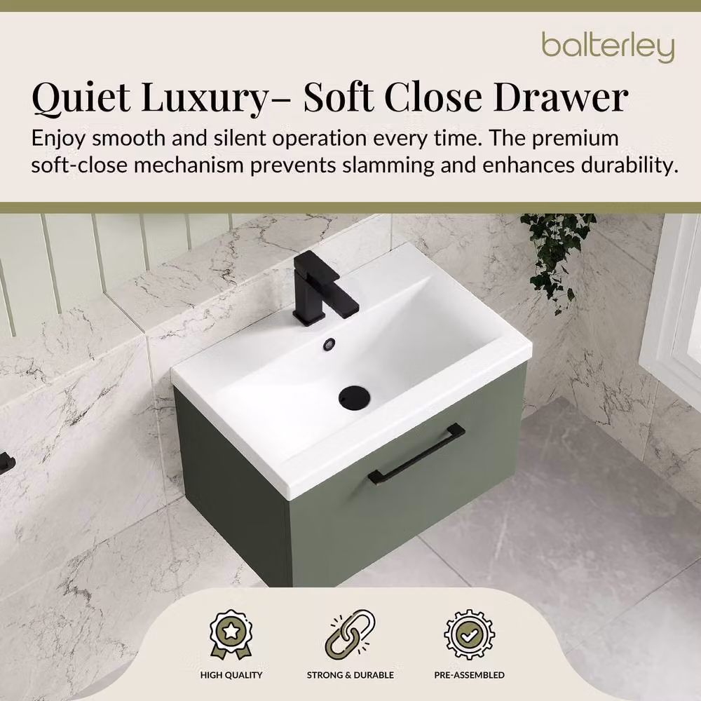 Balterley 600mm Wall Hung 1 Drawer Vanity Basin Unit in Satin Green with Black Handle – 3