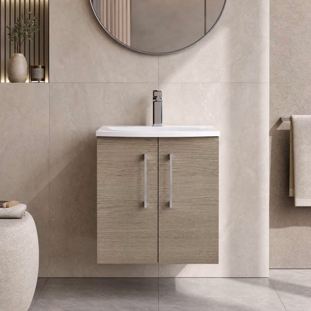Balterley Modern Wall Hung 2-Door Bathroom Vanity Unit in Solace Oak Brown, Width: 50 cm – 2