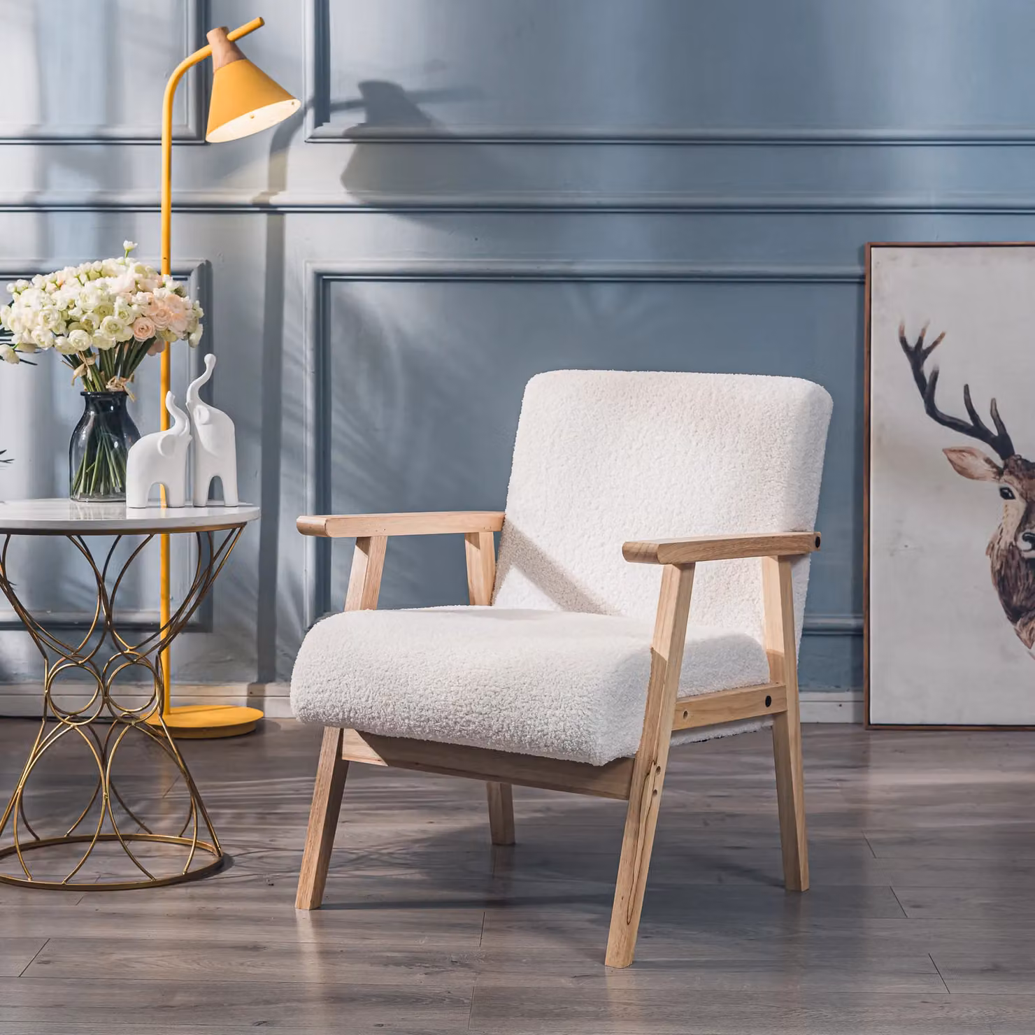 Nordlys Scandinavian Lounge Armchair with White Bouclé Fabric and Solid Wood Frame – 2