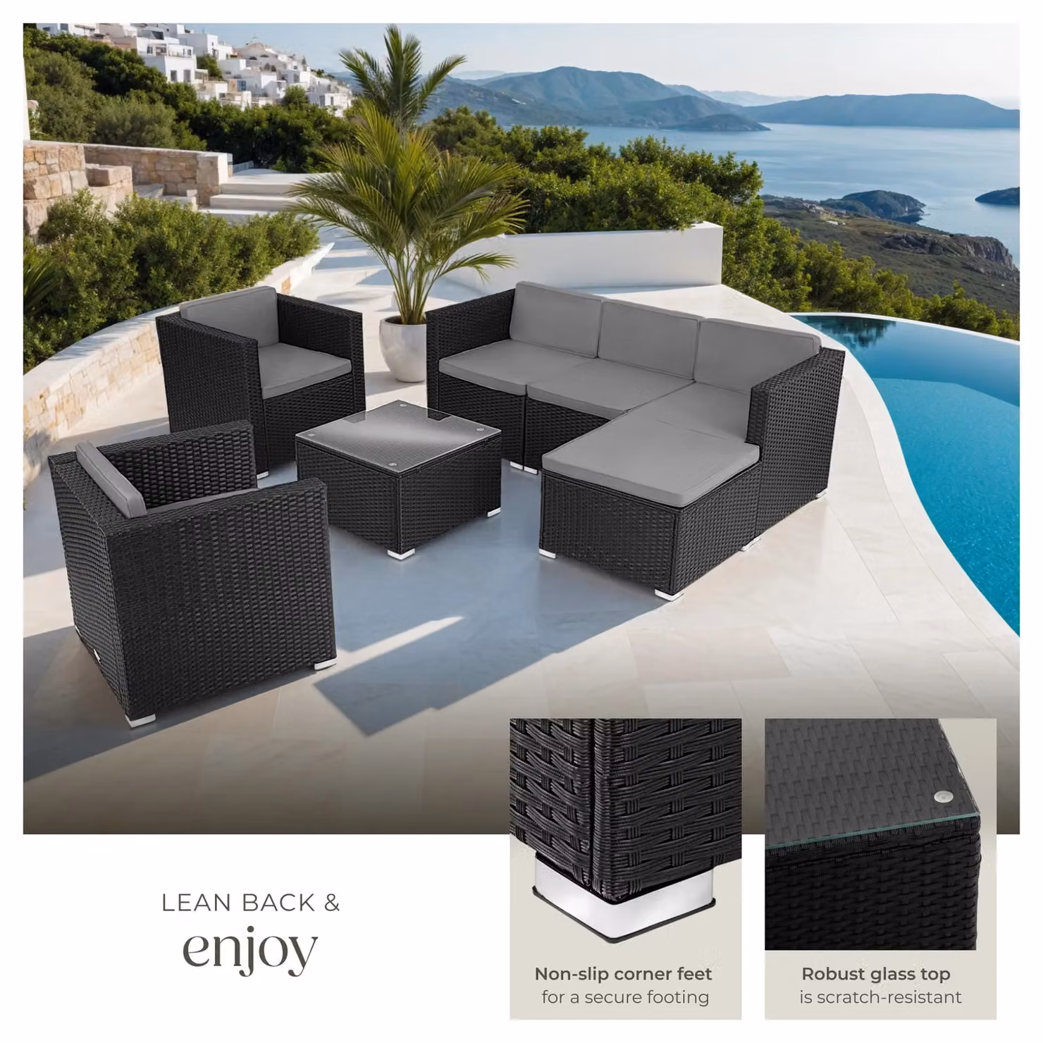 tectake Lignano Modern L-Shape Garden Furniture Set in Black with Upholstered Cushions, Coffee Table and Ottoman – 4