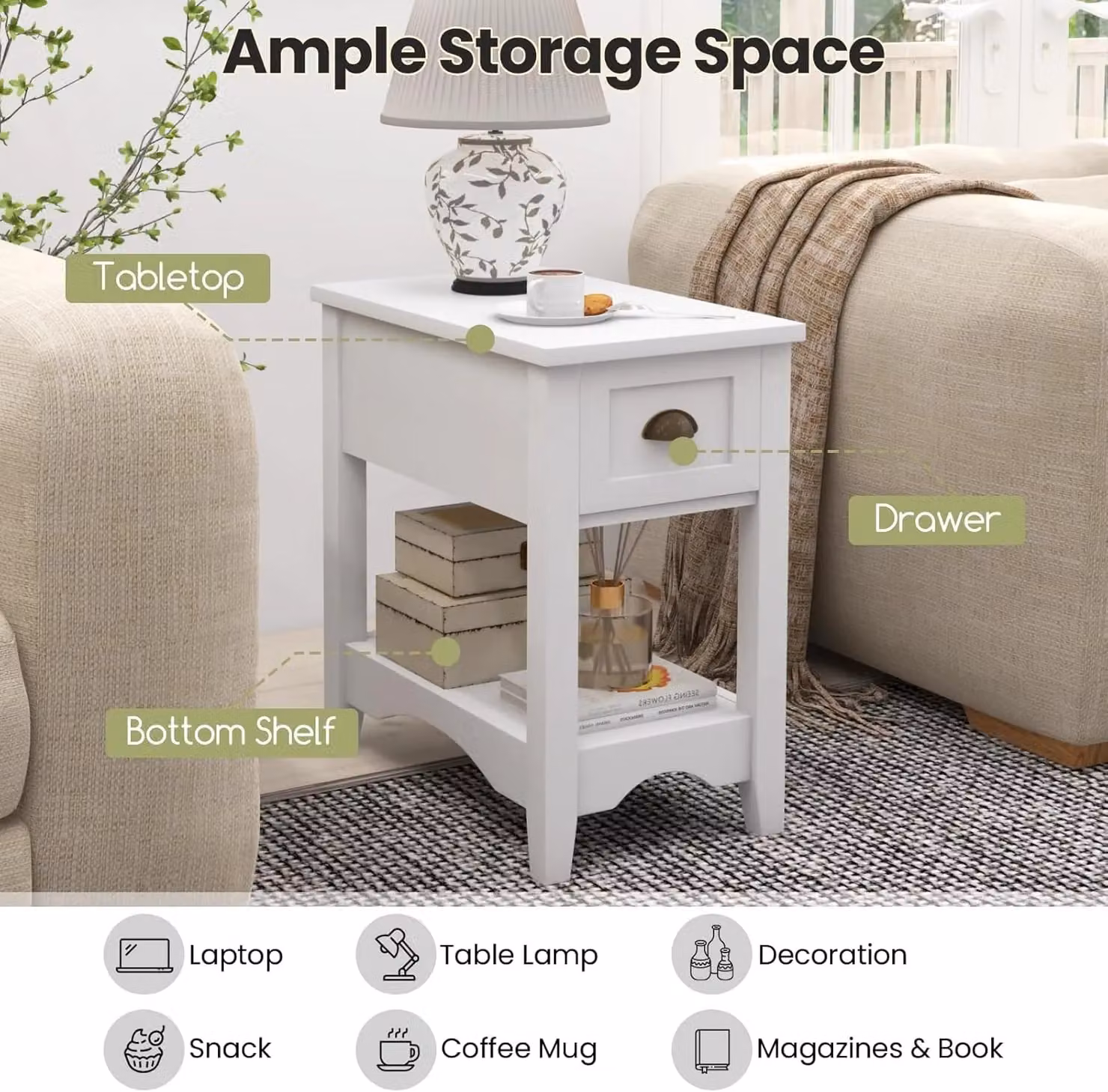 Gymax Retro Side Table and Nightstand with 1 Drawer and Solid Wood Legs in White – 3