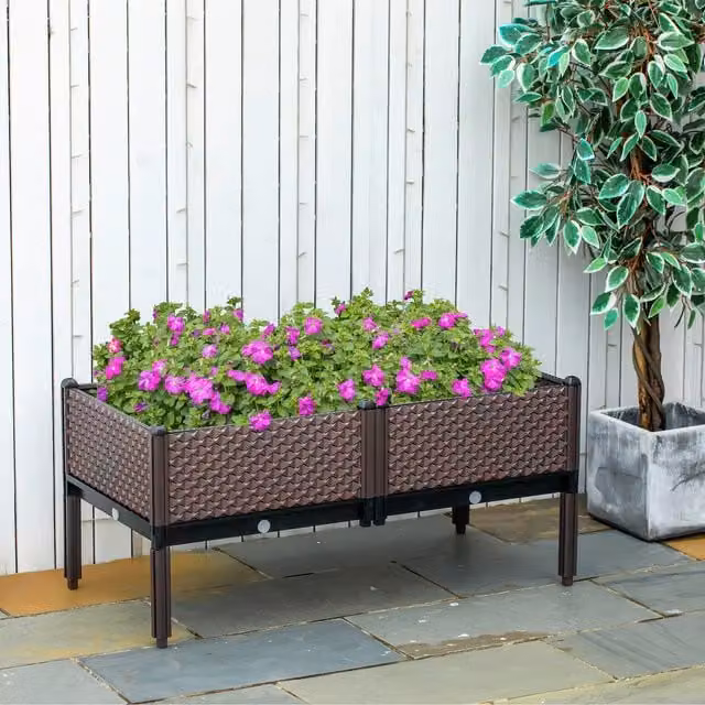 Outsunny Set of 2 Brown Plastic WPC Raised Garden Beds for Vegetables and Ornamental Plants