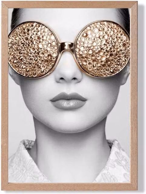 ARTZE Girl with Gold Bling Sunglasses Black and White Framed Photo Print with Oak Frame – 1