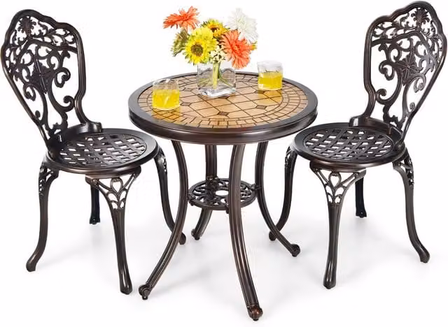 Costway 3-Piece Cast Aluminium Patio Bistro Set with Table and Chairs in Bronze – 1