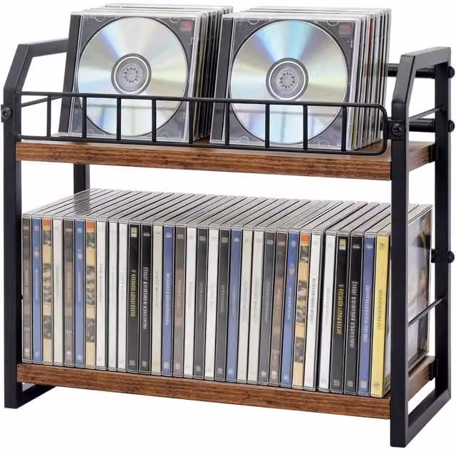 FORGEVIO 2-Tier Industrial CD and DVD Storage Rack in Brown and Multicolour Wood and Metal – 1