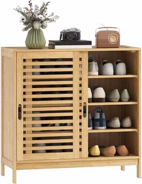 NESTLUNE amboo Bamboo Shoe Cabinet with 2 Sliding Slat Doors, Brown, W: 100 cm, D: 15 cm