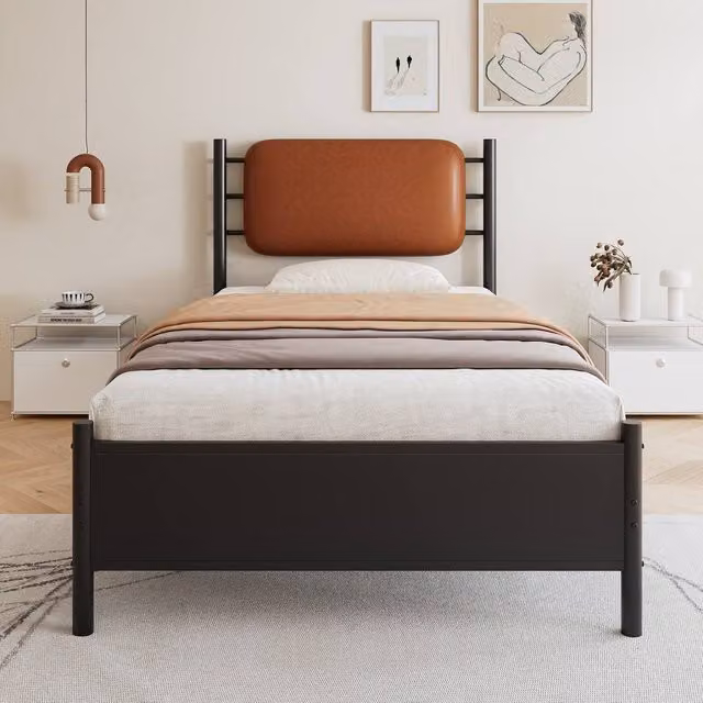 Merax Single Metal Bed Frame with Brown PU Upholstered Headboard, Black, W/D/H: 90 x 190 x 102.5 cm – 1