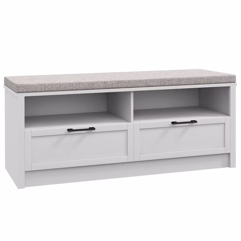 Wyld Haus Noma White Shoe Bench with Grey Fabric Cushion, 2 Shelves and 2 Drawers – 2