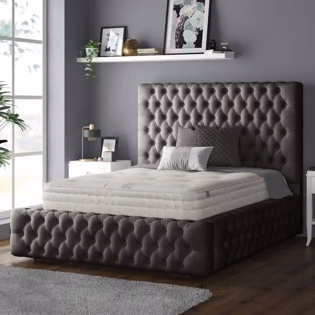 IH Design Chesterfield Upholstered Single Bed Frame in Grey Striped Velvet