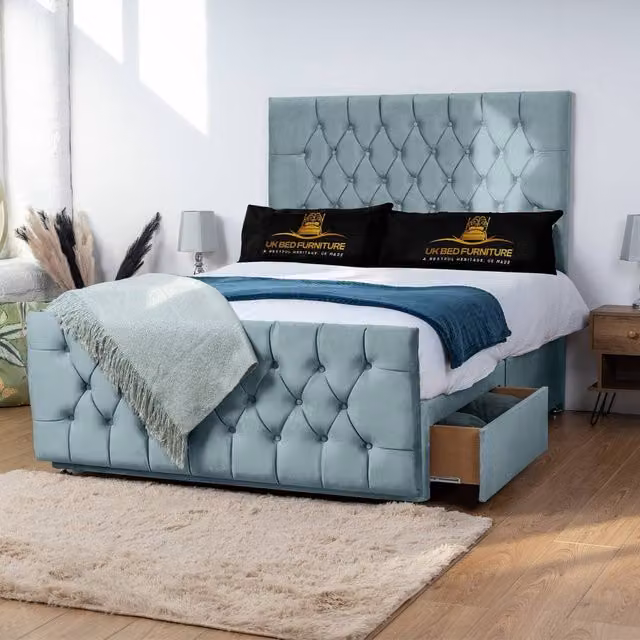 UK Bed Furniture Jublie Divan Bed with 2 Drawers Same Side and 26 Inch Headboard in Light Blue, Small Double, W/D/H: 120 x 200 cm