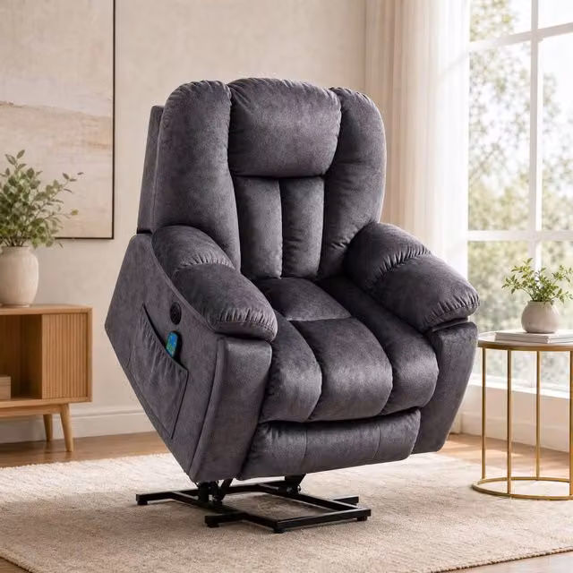 STILVORA Grey Velvet Lift Recliner Chair with Massage, Heat and USB Charging Port