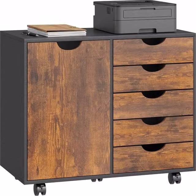 HOMCOM Modern Mobile 5-Drawer Office Storage Cabinet with Door in Brown – 1