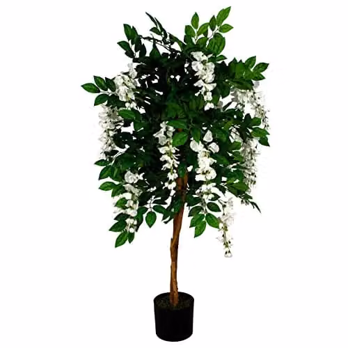 Leaf Design UK Luxury Artificial Wisteria Tree with White Flowers and Green Leaves, Height: 130 cm – 1
