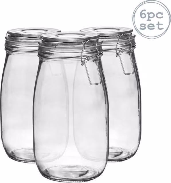 Argon Tableware Glass Storage Jar with Clip Seal, Orange, 1.5 l (Pack of 6)