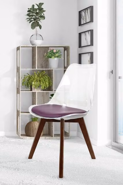 Fusion Living Soho Clear Plastic Dining Chair with Dark Wood Legs in Aubergine – 1