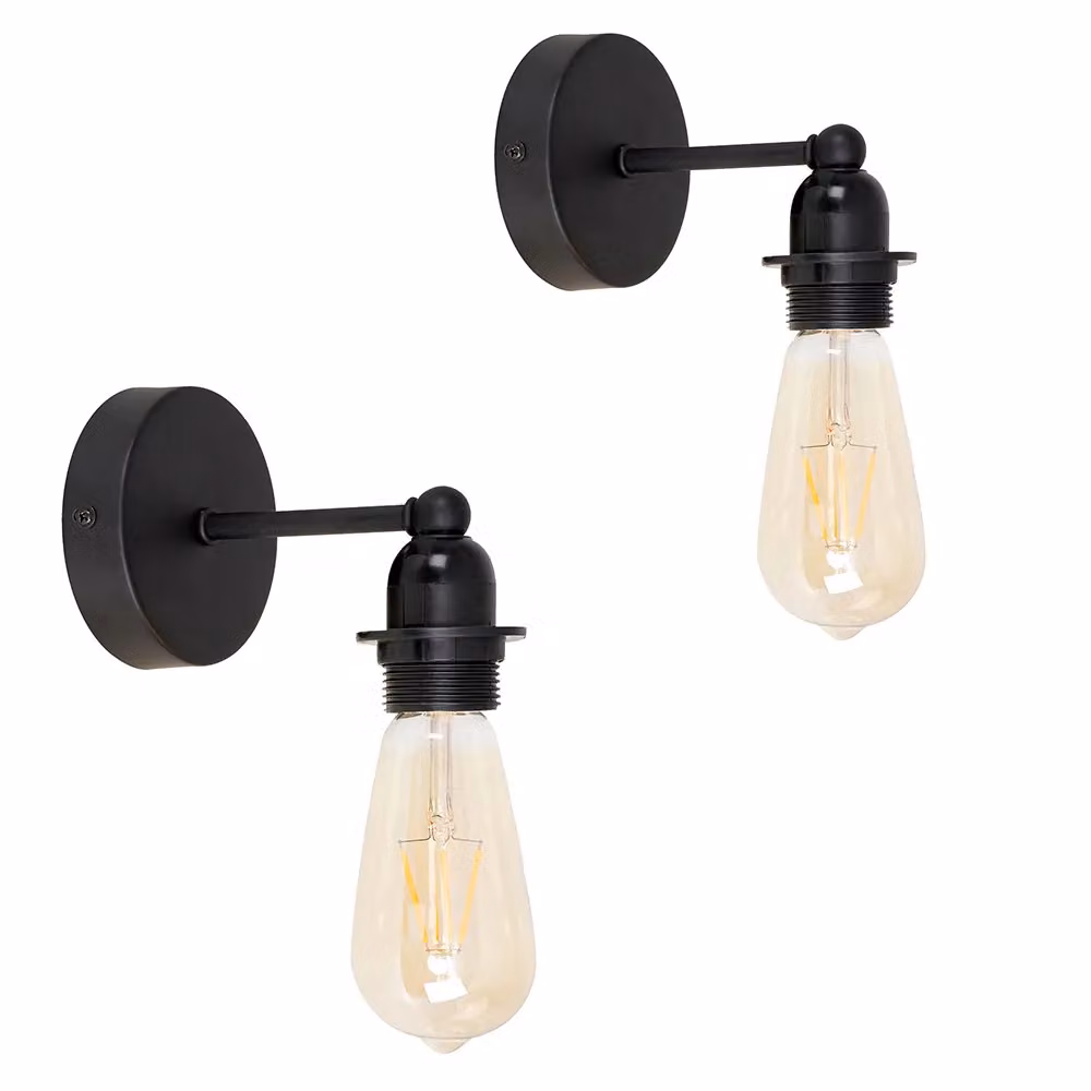 ValueLights Pair of Industrial Steampunk Style Satin Black Metal Pipework Single Wall Lights with Transparent Glass Shades – 2