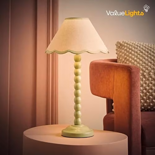 ValueLights Sage Green Bobbin Stem Table Lamp with Scallop Shade – 2