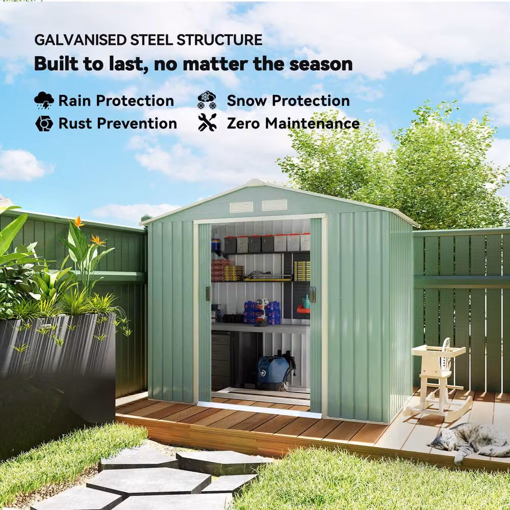Rolipo Metal Garden Shed with Foundation Kit and Double Doors in Light Green, W/D/H: 213.4 x 121.9 x 185 cm – 3