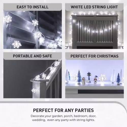 Globrite Warm White Snowflake LED String Lights with 40 LEDs and 2 Modes – 2