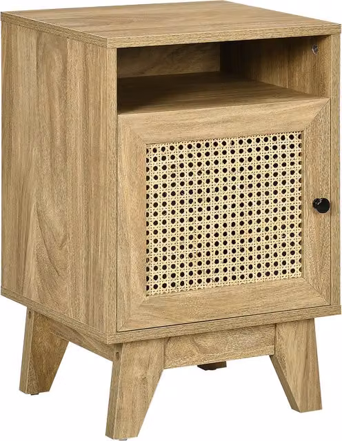 HOMCOM Bedside Cabinet with Rattan Detail and Cupboard, W/D/H: 39 x 35 x 60 cm, Natural Brown
