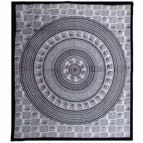 KDMD Double Cotton Bedspread and Wall Hanging Set with Black Elephant Mandala Design