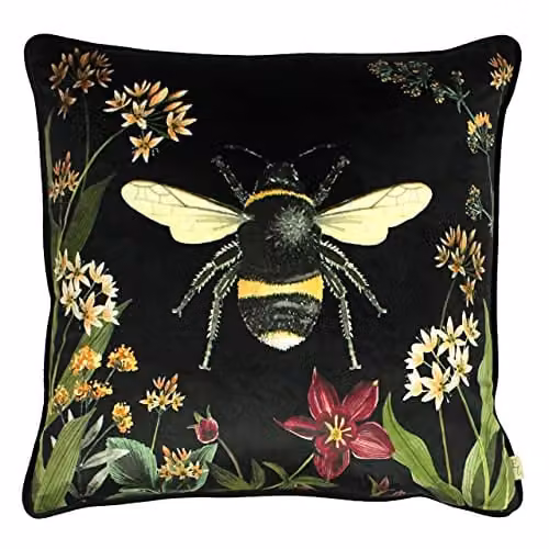 Evans Lichfield Midnight Garden Bee Printed Velvet Cushion in Black and Multicolour, W/D/H: 43 x 43 x 43 cm