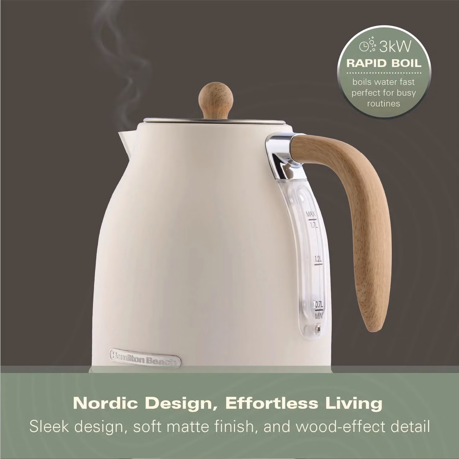Hamilton Beach Scandi 1.7L Jug Kettle in Beige with Auto Shut-Off – 3