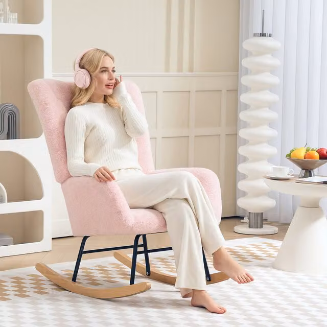 HOMCOM Pink Teddy Bouclé Rocking Chair with Rubberwood Base and Armrests