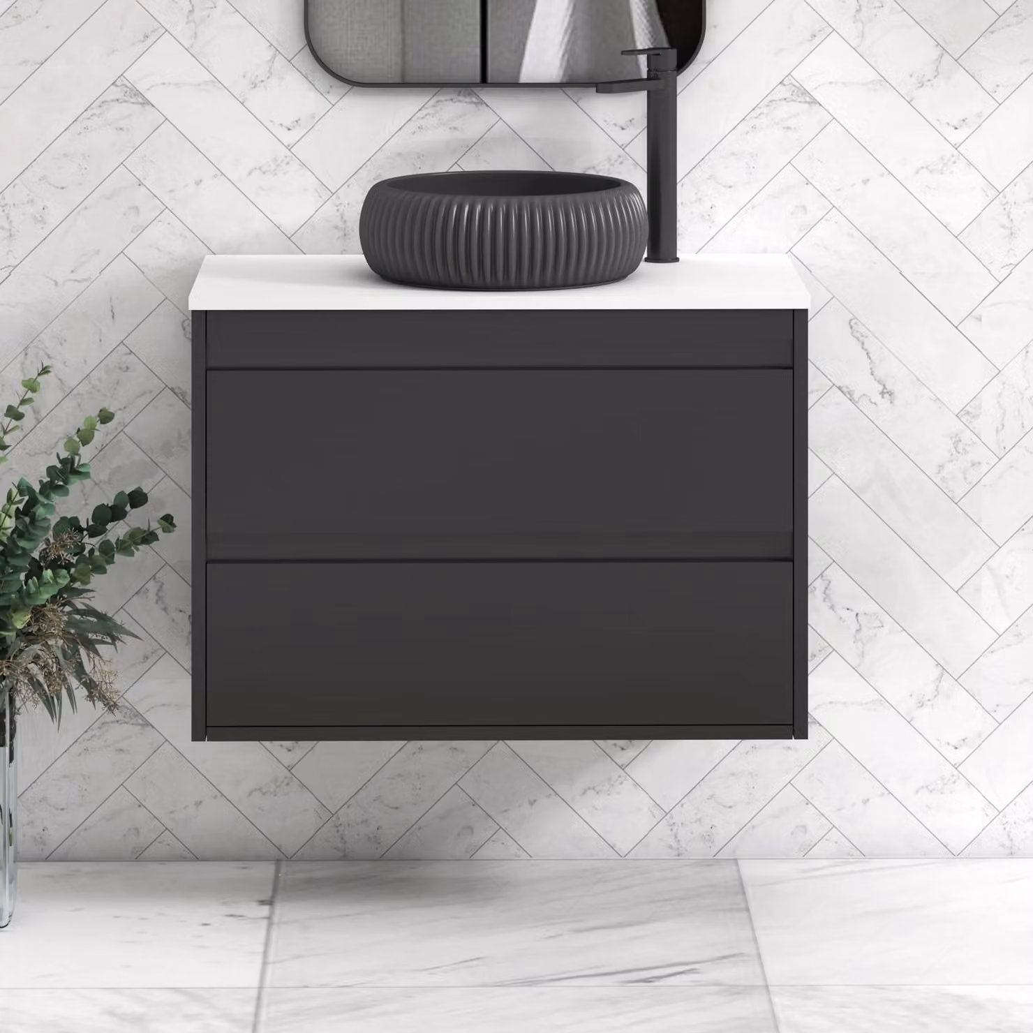 Royal Bathrooms Orion 800mm Wall Hung Vanity Unit with 2 Drawers, Matt Obsidian Black Finish and Milan Black Basin with Black Accent Trim