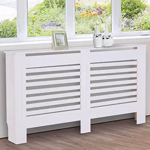 HOMCOM White Painted MDF Radiator Cover Wooden Cabinet with Horizontal Slats, W/D/H: 152 x 19 x 81 cm – 6