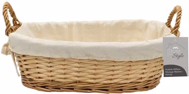 JVL Hand Woven Acacia Oval Willow Storage Basket with Lining in Gold and Brown, W/D/H: 38.0 x 28.0 x 12.0 cm – 1