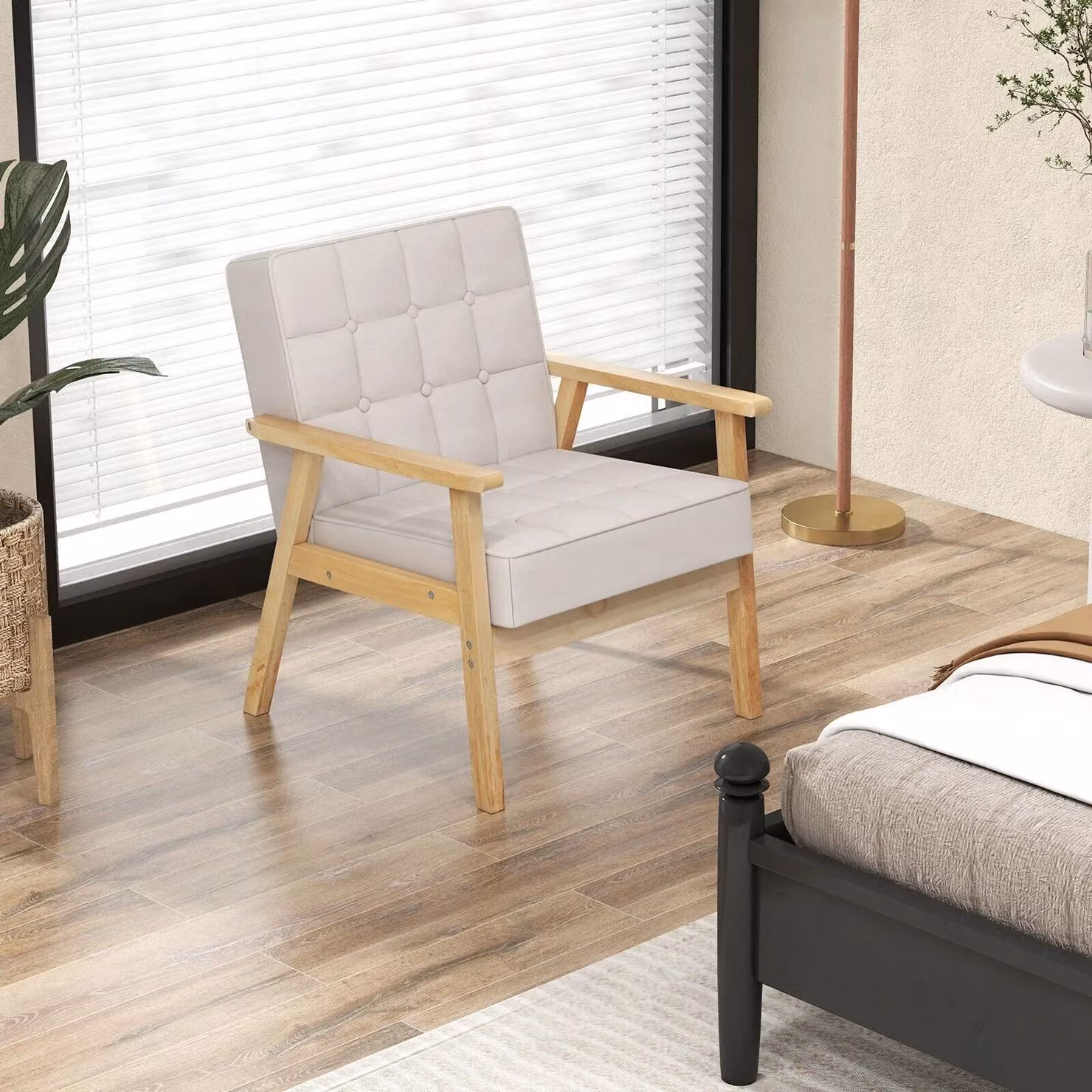 Gymax Mid-Century Upholstered Accent Armchair with Rubberwood Armrests in Beige – 2