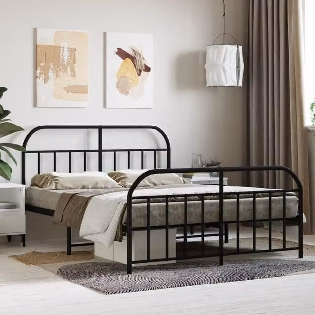 Berkfield Home Metal Bed Frame with Headboard and Footboard in Black, W/D/H: 150 x 200 cm