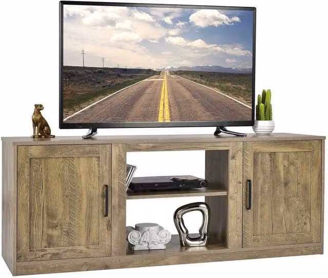 VOGREX Rustic Wood and Metal Storage TV Stand in Beige, Sand or Brown, Fits up to 65 inch TVs – 1