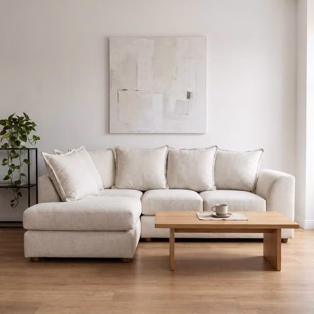 Abakus Direct Dexter Relaxed Linen Left Facing Corner Sofa with Plush Chaise in Beige