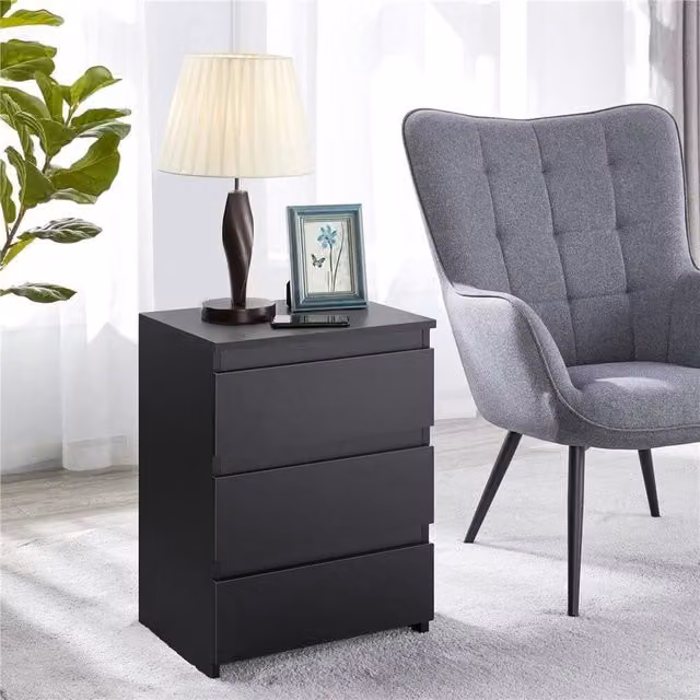 EONLION 3 Drawer Vertical Bedside Table in Black
