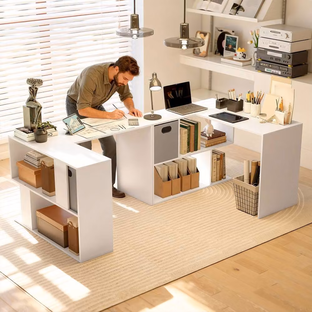 Rolipo White L-Shaped Corner Computer Desk with Drawer and Shelves W: 110 cm, D: 100 cm – 6