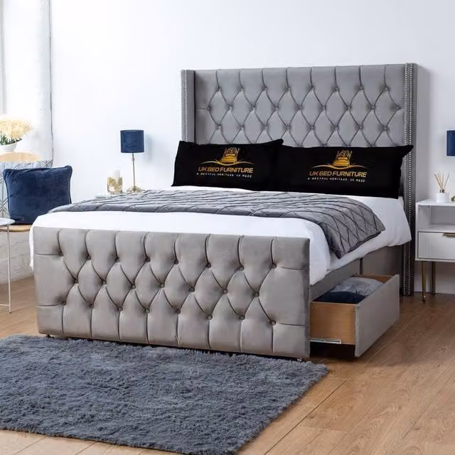 UK Bed Furniture Emily Wingback Divan Bed with 2 Foot End Drawers and 54 Inch Headboard in Grey Velvet, W/D/H: 140 x 200 cm