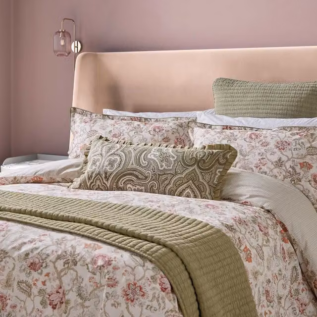 Bedeck of Belfast Nora Single Cotton Percale Duvet Cover and Pillowcase Set, Sage Green/Tuberose, W: 90 cm, H: 200 cm
