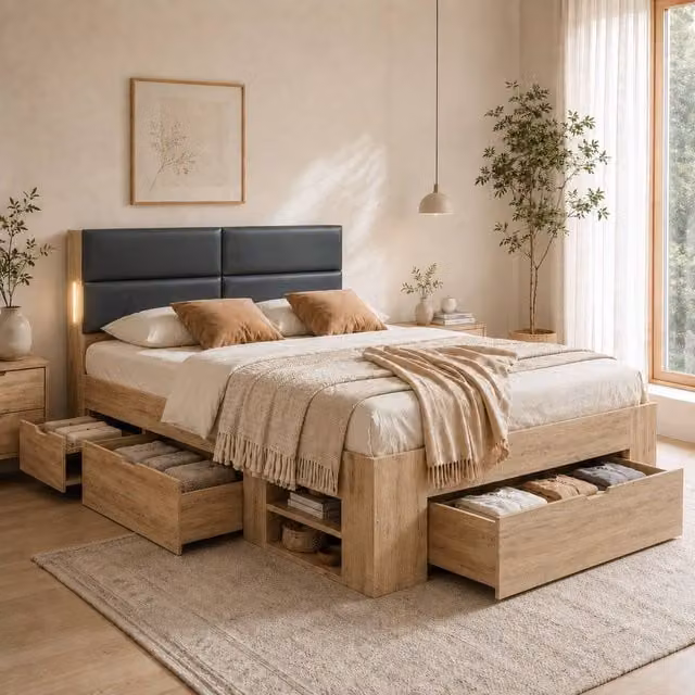 BTM Double Storage Bed with Three Drawers and Integrated LED Reading Light in Natural Oak