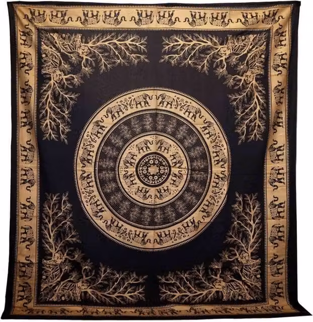 KDMD Elephant Jungle Double Cotton Bedspread and Wall Hanging Set in Black and Gold – 1