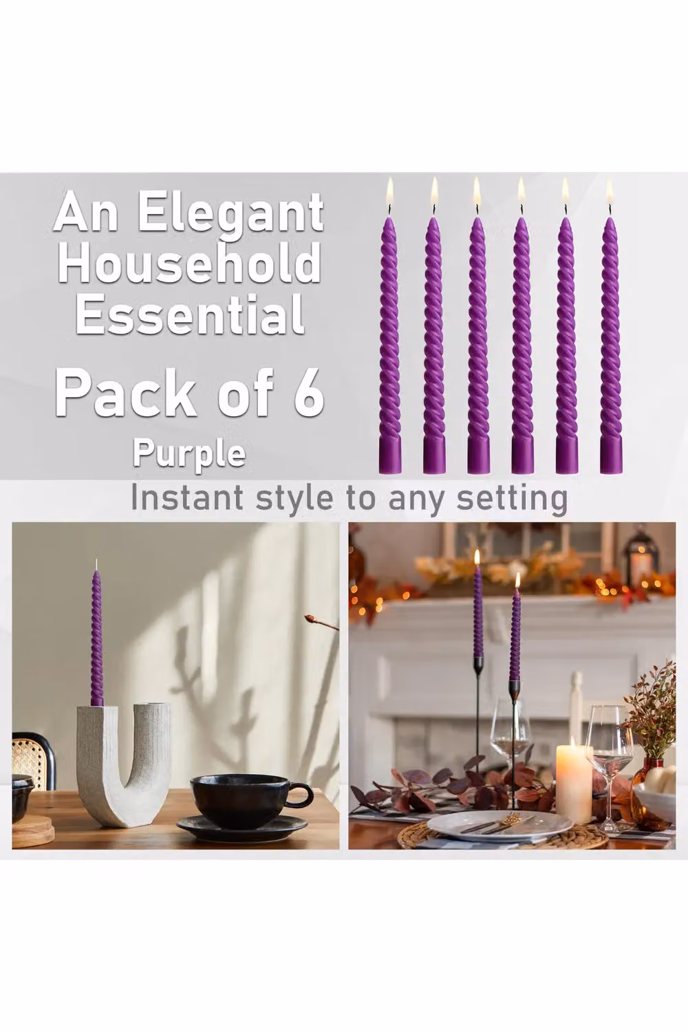 Deco Express Non-Drip Twisted Unscented Dinner Candles, Metallic Purple, Pack of 6 – 8