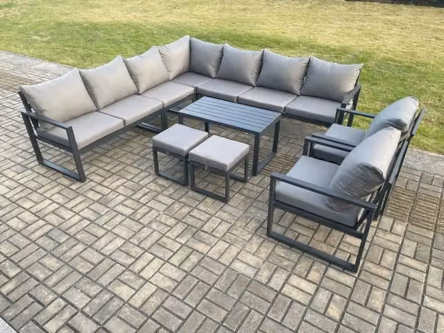 Fimous Modern L-Shape Aluminium Outdoor Garden Furniture Set in Dark Grey with Corner Sofa, Coffee Table and Two Ottomans