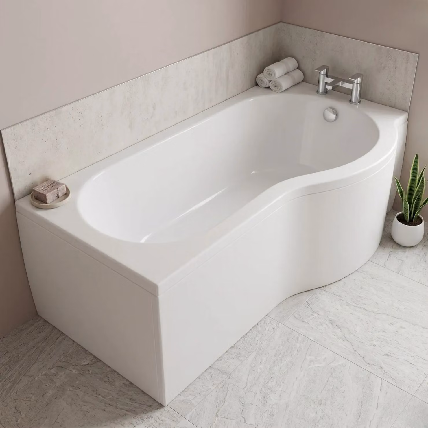 Balterley Modern Asymmetric P Shape Right Hand Shower Bath Tub with Leg Set, White, W/D/H: 1600 x 85 x 42 cm – 2
