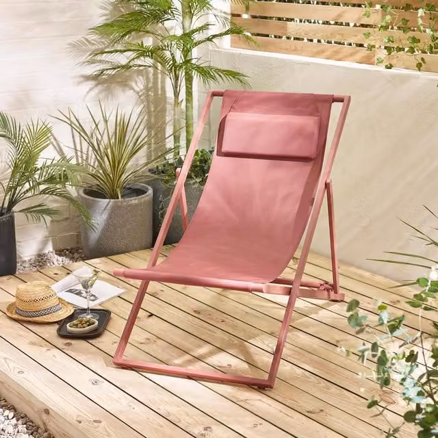 FurnitureboxUK Pair of Corsica Outdoor Deckchairs in Pink with Powder Coated Steel Frame and Textilene Fabric